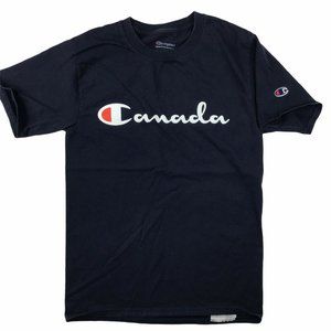 Champion Canada Womens TShirt S Blue Graphic Patch Spell Out Unisex  Streetwear